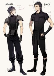Rule 34 | ..., aries20770321, armor, belt, black belt, black boots, black gloves, black hair, black jacket, black pants, black shirt, black sweater, blue eyes, boots, character name, cosplay, costume switch, final fantasy, final fantasy vii, final fantasy xv, gloves, grin, hair between eyes, hand on own hip, hands on own hips, height, highres, in-franchise crossover, jacket, knee boots, looking at another, multiple belts, noctis lucis caelum, pants, pauldrons, scar, scar on face, shirt, short hair, short sleeves, shoulder armor, signature, simple background, sleeveless, sleeveless sweater, sleeveless turtleneck, smile, spiked hair, suspenders, sweater, t-shirt, tight clothes, toned, toned male, translation request, turtleneck, turtleneck sweater, yellow background, zack fair