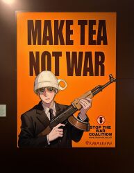 1boy assault_rifle axis_powers_hetalia black_jacket black_necktie blonde_hair buttons closed_mouth collared_shirt commentary cup en_llll english_commentary english_text fingernails formal_clothes green_eyes gun hands_up highres holding holding_gun holding_weapon jacket lapels long_sleeves looking_at_viewer male_focus necktie oversized_object poster_(object) rifle shirt short_hair solo suit suit_jacket united_kingdom_(hetalia) upper_body weapon white_shirt