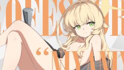 bare_shoulders black_jacket blonde_hair blue_archive breasts cane character_name ciza_gomi collarbone commentary_request crossed_legs green_eyes hair_censor halo jacket loli long_hair looking_at_viewer nude open_clothes open_jacket professor_niyaniya_(blue_archive) small_breasts sweat sweatdrop thighs yellow_halo