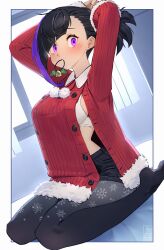 1girl absurdres adjusting_hair arms_up asymmetrical_hair black_hair blush bra breasts fur_trim hair_tie_in_mouth highres looking_at_viewer medium_breasts mouth_hold multicolored_hair original pantyhose pantyhose_under_shorts purple_eyes purple_hair short_shorts shorts signature sirena_(tostantan) sitting snowflake_print solo streaked_hair tostantan two-tone_hair underwear wariza