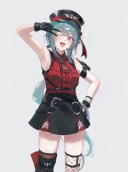 1girl ;d absurdres aqua_hair arm_belt arm_up armpits bare_shoulders belt bianca_(black_survival) bianca_(prison_guard)_(black_survival) black_gloves black_hat black_skirt black_survival black_thighhighs breast_pocket center_frills collared_shirt cowboy_shot eternal_return:_black_survival fang fishnet_thighhighs fishnets frills gloves hand_on_own_hip hat highres long_hair looking_at_viewer miniskirt necktie official_alternate_costume one_eye_closed open_mouth peaked_cap pocket red_eyes red_shirt shirt shirt_tucked_in short_necktie simple_background skirt sleeveless sleeveless_shirt smile solo standing star-shaped_pupils star_(symbol) symbol-shaped_pupils thighhighs thighs v very_long_hair white_background zapik zettai_ryouiki