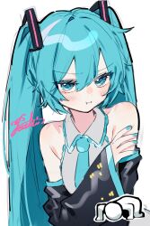 Rule 34 | 1boy, 1girl, aqua hair, aqua nails, aqua necktie, aqua trim, black sleeves, blush, collared shirt, commentary request, detached sleeves, double-parted bangs, grey shirt, hair between eyes, hair ornament, hatsune miku, highres, holding own arm, long eyelashes, looking at viewer, necktie, pecchii, shirt, signature, vocaloid, white background