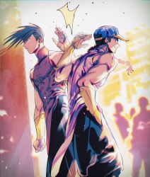Rule 34 | 2boys, baggy pants, bare shoulders, baseball cap, black pants, blurry, blurry background, braid, bridal gauntlets, brothers, brown eyes, brown hair, chinese clothes, city, closed mouth, commentary, commentary request, feet out of frame, hand up, hat, high five, highres, looking ahead, male focus, mandarin collar, mrg2by, multicolored clothes, multiple boys, muscular, muscular male, pants, people, siblings, single braid, sleeveless, smile, spiked hair, street fighter, street fighter iii (series), twins, yang lee, yellow bridal gauntlets, yun lee