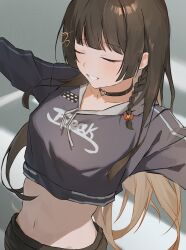 1girl absurdres black_choker black_shirt braid choker closed_eyes crop_top drawstring glint grin hair_ornament heart heart_choker heart_hair_ornament highres long_hair long_sleeves meosic2 midriff navel outstretched_arms shirayuki_hina shirt smile solo stellive stomach upper_body very_long_hair virtual_youtuber