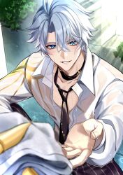 1boy antenna_hair black_necktie black_pants blue_eyes collared_shirt hashtag-only_commentary highres honkai:_star_rail honkai_(series) long_sleeves looking_at_viewer male_focus necktie official_alternate_costume pants parted_bangs partially_unbuttoned pectoral_cleavage pectorals phainon_(anan)_(honkai:_star_rail) phainon_(honkai:_star_rail) reaching reaching_towards_viewer see-through_clothes see-through_shirt shirt short_hair solo sunlight t_ei_to wet wet_clothes wet_hair wet_shirt white_hair white_shirt window