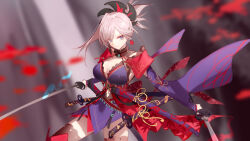 1girl absurdres black_thighhighs blue_eyes breasts cleavage clothing_cutout cowboy_shot dual_wielding fate/grand_order fate_(series) highres holding holding_sword holding_weapon japanese_clothes katana kimono luozhou_pile miyamoto_musashi_(fate) miyamoto_musashi_(third_ascension)_(fate) navel_cutout pink_hair ponytail purple_kimono solo sword thighhighs weapon