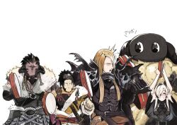 1girl 3boys aqa armor au_ra beard black_dress black_hair blonde_hair dragon_boy dragon_girl dragon_horns dress facial_hair final_fantasy final_fantasy_xiv fur_trim hien_rijin highres holding holding_instrument horns instrument katana magnai_oronir multicolored_hair multiple_boys pauldrons ram_(animal) shoulder_armor streaked_hair sword tambourine warrior_of_light_(ff14) weapon white_background yan_(final_fantasy)