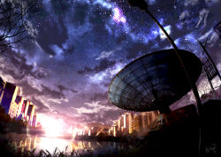 Rule 34 | highres, house, kumeki (kk4615), night, night sky, no humans, original, radio telescope, scenery, sky, star (sky), starry sky, tree