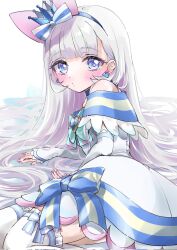 1girl aqua_bow aqua_bowtie bare_shoulders blue_brooch blue_choker blue_crown blue_eyes blue_hairband blue_sleeves blunt_bangs blush bow bow_legwear bowtie brooch choker commentary_request cowboy_shot crown crown_earrings cure_nyammy dress dress_bow duko earrings expressionless eyelashes frilled_thighhighs frills grey_hair hair_bow hair_spread_out hairband heart heart_brooch highres jewelry lace lace-trimmed_arm_warmers lace-trimmed_dress lace_trim large_bow long_hair looking_at_viewer lying magical_girl mini_crown nail_polish nekoyashiki_yuki o3o off-shoulder_dress off_shoulder on_side parted_lips pink_bow pink_nails precure short_dress short_sleeves single_stripe solo straight_hair striped_bow striped_bowtie striped_clothes striped_sleeves thighhighs very_long_hair white_arm_warmers white_background white_bow white_dress white_thighhighs wonderful_precure!
