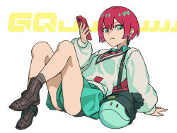 1girl amate_yuzuriha aqua_eyes aqua_shirt aqua_skirt arm_support black_shorts brown_shoes cellphone closed_mouth collared_shirt copyright_name daoshitaka frown full_body grey_socks gundam gundam_gquuuuuux haro holding holding_phone leaning_back long_sleeves looking_at_viewer miniskirt necktie phone pleated_skirt red_hair red_necktie school_uniform shirt shoes short_hair shorts shorts_under_skirt sitting skirt smartphone socks solo sweater white_background white_sweater wing_collar