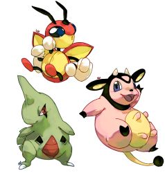 :d commentary cow creature creatures_(company) english_commentary full_body game_freak gen_2_pokemon horns larvitar ledian looking_at_viewer miltank nintendo no_humans open_mouth pinkgermy pokemon pokemon_(creature) signature single_horn smile standing transparent_background