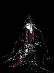 1boy black_background black_eyes black_hair black_hanfu black_theme chinese_clothes closed_mouth collarbone dizi faux_traditional_media flute flute_tassel hanfu high_ponytail highres holding holding_flute holding_instrument ink_wash_painting instrument kcllzas163 long_hair long_sleeves looking_down male_focus modao_zushi monochrome ponytail robe simple_background sitting sleeves_past_wrists solo spot_color tassel third-party_source transverse_flute wei_wuxian wide_sleeves