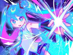 aqua_eyes aqua_hair aqua_necktie bare_shoulders black_skirt black_sleeves breasts bright_pupils collared_shirt eyelashes grey_shirt hair_between_eyes halftone halftone_background hatsune_miku highres iro_(mywife_sunny) lightning_bolt_symbol long_hair looking_at_viewer miniskirt multicolored_hair narrow_waist necktie neon_palette number_tattoo open_mouth pink_hair pleated_skirt shirt shoulder_tattoo sidelocks skirt sleeveless sleeveless_shirt small_breasts smile sparkle tattoo twintails two-tone_hair very_long_hair vocaloid white_pupils wide_sleeves