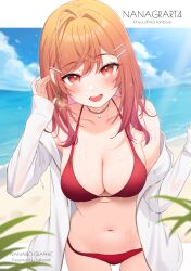 Rule 34 | 1girl, :d, absurdres, ahoge, beach, bikini, blue sky, breasts, cleavage, cloud, colored inner hair, comiket 106, commentary request, crossed bangs, day, earrings, gradient hair, hair ornament, hairclip, halterneck, hands up, highres, hololive, hololive dev is, hood, hooded jacket, ichijou ririka, jacket, jewelry, large breasts, long hair, looking at viewer, mugino0515, multicolored hair, navel, necklace, ocean, off shoulder, open clothes, open jacket, open mouth, orange eyes, orange hair, outdoors, parallel hairclips, pink hair, red bikini, sky, sleeves past wrists, smile, solo, stomach, straight-on, string bikini, swept bangs, swimsuit, teeth, upper teeth only, virtual youtuber, white jacket
