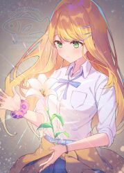 Rule 34 | 1girl, :o, blue ribbon, blue skirt, bluesky username, blush, brown cardigan, cardigan, cardigan around waist, clothes around waist, commentary request, flower, gakuen idolmaster, glowing flower, green eyes, gyaru, highres, idolmaster, kogal, lily (flower), long hair, miyanome, neck ribbon, orange hair, pleated skirt, ribbon, school uniform, scrunchie, shirt tucked in, shiun sumika, skirt, solo, straight hair, tears, twitter username, very long hair, watermark, wrist scrunchie