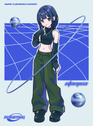 Rule 34 | 1girl, acid graphics, bare shoulders, black arm warmers, black shirt, black shoes, blue hair, bob cut, crop top, english text, green eyes, green pants, highres, jewelry, looking at viewer, midriff, navel, necklace, open mouth, orb, original, otomica, pants, shirt, shoes, short hair, sleeveless, sleeveless shirt, solo, y2k fashion