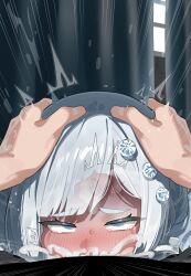 1boy 1girl absurdres akershus_fortress_(oshiro_project) blue_eyes commentary_request cum cum_in_mouth cum_overflow deepthroat fellatio grey_hair hands_on_another&#039;s_head hetero highres irrumatio mizumizuni oral oshiro_project:re penis pov short_hair solo_focus sweat tears