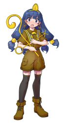 1girl :o black_thighhighs blue_eyes blue_hair blunt_bangs blush boots brown_boots brown_shirt brown_shorts collared_shirt commentary_request dairi earrings facial_mark fold-over_boots full_body hair_bobbles hair_ornament highres holding holding_staff jewelry key_earrings large_variant_set long_hair looking_at_viewer michigami_nareko open_mouth shirt short_sleeves shorts solo staff standing tachi-e thighhighs touhou transparent_background triangle triangle_facial_mark variant_set