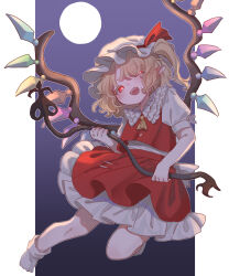 Rule 34 | 1girl, absurdres, ascot, blonde hair, crystal wings, eyes visible through hair, flandre day, flandre scarlet, full body, glowing, glowing eyes, gradient background, hashtag-only commentary, hat, hat ribbon, highres, laevatein (touhou), light blush, looking at viewer, misoice ramen, mob cap, open mouth, outside border, puffy short sleeves, puffy sleeves, red eyes, red ribbon, red skirt, red vest, ribbon, short hair, short sleeves, side ponytail, skirt, smile, socks, solo, teeth, touhou, twitter username, upper teeth only, vest, white hat, white socks, wings, yellow ascot