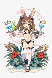 1girl animal_ears bikini black_bikini breasts brown_eyes carrot_hair_ornament cherry detached_collar faroro_(world_flipper) flower food food-themed_hair_ornament fruit full_body hair_ornament hibiscus highres holding holding_tray mwm5 open_mouth orange_(fruit) orange_slice rabbit_ears rabbit_girl rabbit_tail sandals small_breasts solo sparkle standing strawberry swimsuit tail thigh_strap thighhighs tray twintails white_thighhighs world_flipper wrist_cuffs