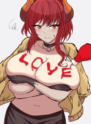 Rule 34 | breasts, dola (nijisanji), dragon girl, fatetan, highres, horns, huge breasts, large breasts, nijisanji, red eyes, red hair, virtual youtuber