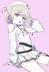1girl beret blonde_hair clothing_cutout colored_tips cowboy_shot drawstring hat highres hololive hololive_dev_is leotard leotard_under_clothes miniskirt multicolored_hair nail_polish pink_background pleated_skirt purple_eyes purple_nails shoulder_cutout shrug_(clothing) simple_background sitting skirt smile solo streaked_hair todoroki_hajime todoroki_hajime_(regloss_uniform) tongue tongue_out turtleneck two-tone_hair two_side_up v v_over_eye virtual_youtuber what_a white_hat white_leotard white_shrug white_skirt