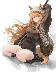 Rule 34 | 1girl, animal ears, arknights, arm up, black jacket, black skirt, braid, brown hair, brown shirt, ceobe (arknights), ceobe (unfettered) (arknights), chain, dog ears, dog tail, ears through headwear, fang, full body, hat, high-waist skirt, highres, holding, jacket, long hair, long sleeves, mumu millhayes, official alternate costume, open clothes, open jacket, open mouth, shirt, sitting, skin fang, skirt, smile, solo, tail, twin braids, white hat