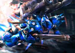 Rule 34 | absurdres, bazooka (gundam), commentary request, exhaust, explosion, eye trail, flying, glowing, glowing eye, gun, gundam, gundam 0080, highres, holding, holding gun, holding weapon, horns, kampfer (mobile suit), light particles, light trail, mecha, mecha focus, mechaklear, mobile suit, motion blur, no humans, one-eyed, pink eyes, robot, science fiction, shotgun, shoulder spikes, single horn, solo, spikes, thrusters, weapon