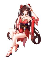 1girl absurdres ankle_bell arm_up armpits bare_shoulders barefoot bell black_gloves breasts brown_hair butterfly-shaped_pupils collarbone detached_sleeves fireworks fox_mask gloves high_heel_sandals highres holding holding_mask honkai:_star_rail honkai_(series) mask mask_on_head medium_breasts nanfeng7477 open_mouth red_eyes red_nails sandals simple_background smile solo sparkle sparkle_(honkai:_star_rail) symbol-shaped_pupils tattoo thighs twintails white_background wide_sleeves