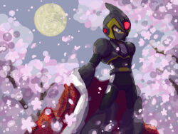 Rule 34 | 1boy, android, armor, axl (mega man), belt, black armor, black belt, black helmet, bodystocking, cherry blossoms, facing to the side, fishnet bodystocking, fishnets, forehead jewel, full moon, green eyes, haori, helmet, humanoid robot, japanese clothes, looking to the side, maikeru, mask, mega man (series), mega man x6, mega man x (series), moon, mouth mask, ninja, ninja mask, red haori, robot, shadow armor x (mega man), solo, x (mega man)