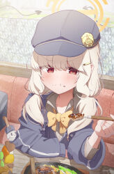 1girl :t absurdres aoba_(blue_archive) blue_archive blue_hat blue_jacket bow bowtie closed_mouth collared_shirt eating food grey_shirt hair_ornament hairclip halo hat highres holding holding_spoon jacket kabomeel_lse long_sleeves low_twintails newsboy_cap peaked_cap puffy_long_sleeves puffy_sleeves red_eyes shirt solo spoon textless_version twintails white_hair yellow_bow yellow_bowtie yellow_halo