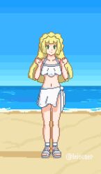 1girl blonde_hair blunt_bangs clear_sky clenched_hands closed_mouth collarbone day full_body green_eyes hands_up leiscner lillie_(pokemon) long_hair nintendo outdoors pixel_art pokemon pokemon_(anime) pokemon_sm_(anime) sand sandals sarong shore sky smile solo standing swimsuit twitter_username water watermark white_sandals