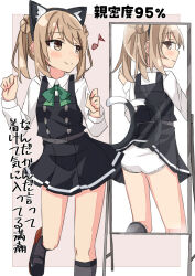 1girl animal_ears ass beritabo blush bow bowtie brown_eyes brown_hair cat_ears cat_tail double_bun dress fake_animal_ears fake_tail full-length_mirror green_bow green_bowtie hair_bun highres kantai_collection long_hair long_sleeves looking_at_mirror michishio_(kancolle) michishio_kai_ni_(kancolle) mirror panties pinafore_dress reflection school_uniform shirt short_twintails sleeveless sleeveless_dress smile tail twintails underwear white_panties white_shirt