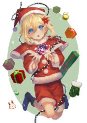 2boys absurdres alternate_costume antenna_hair basil_(faraway)_(omori) basil_(omori) black_footwear blonde_hair blue_eyes blush capelet chocolate_rabbit christmas christmas_ornaments christmas_present colored_eyelashes floating flower forest_rabbit_(omori) full_body fur-trimmed_capelet fur-trimmed_headwear fur-trimmed_shirt fur-trimmed_shorts fur_trim gift green_background green_mittens hair_behind_ear hair_between_eyes hair_flaps hair_flower hair_ornament hands_up hat highres holding knees_together_feet_apart knife looking_at_viewer medium_hair mittens multicolored_background multiple_boys omori open_mouth outstretched_hand plant pom_pom_(clothes) red_capelet red_flower red_hat red_shirt red_shorts santa_hat shirt short_hair shorts sidelocks simple_background three-quarter_sleeves solo_focus something_(omori) sparkle su_7_meri sunny_(omori) teeth two-tone_background unworn_mittens upper_teeth_only vines white_background white_pom_poms