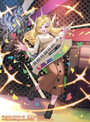 1girl anno_syura black_shoes blonde_hair breasts brown_skirt brown_socks buttons copyright_notice dragon_musume_ni_naritakunai! duel_masters ekusiun hair_ornament heart indoors instrument keyboard_(instrument) long_hair long_skirt long_sleeves looking_at_viewer music musical_note official_art one_eye_closed open_mouth orange_eyes playing_instrument recording_studio ribbed_sweater shoes skirt smile socks solo sparkle standing standing_on_one_leg sweater teeth turtleneck turtleneck_sweater upper_teeth_only white_sweater