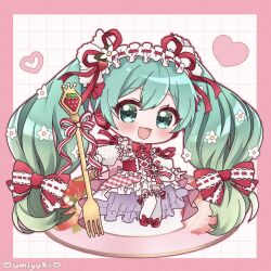 1girl aqua_eyes aqua_hair blush chibi chibi_only corset dress fork full_body hatsune_miku highres holding holding_fork looking_at_viewer official_alternate_costume open_mouth red_corset smile socks solo strawberry_miku_(morikura) umiyuki_(umi_chu) vocaloid white_dress white_socks