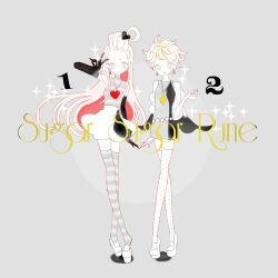 2girls black_gloves blonde_hair chocolat_meilleure commentary copyright_name earrings elbow_gloves gloves grey_background jewelry long_hair maeda_(ebcda2) multiple_girls orange_hair pendant pointy_ears short_eyebrows short_hair simple_background smile sparkle striped_clothes striped_thighhighs sugar_sugar_rune thighhighs v vanilla_mieux