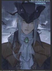 1girl ascot bird bloodborne cape gem geranbb hat hat_feather lady_maria_of_the_astral_clocktower long_hair looking_at_viewer ponytail rain solo tricorne white_hair