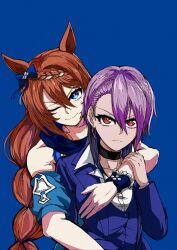 Rule 34 | 2girls, absurdres, animal ears, arm warmers, black choker, blue background, blue bow, blue eyes, blue hair, bow, braid, braided ponytail, brown hair, choker, commentary, double-parted bangs, ear bow, earrings, hair between eyes, highres, horse ears, horse girl, jewelry, jose (joseeidossei), multicolored hair, multiple girls, nase fumino, one eye closed, purple hair, red eyes, simple background, smile, streaked hair, super creek (umamusume), two-tone hair, umamusume, umamusume: cinderella gray, white hair