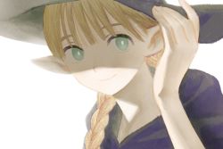 1girl aged_down blonde_hair blunt_bangs braid closed_mouth dungeon_meshi elf frs2 green_eyes hair_over_shoulder hand_on_headwear hand_up hat long_hair looking_at_viewer marcille_donato pointy_ears portrait shade simple_background smile solo white_background witch witch_hat
