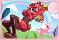 1girl absurdres balloonicorn blue_sky bodysuit boots breasts candy commission food genderswap genderswap_(otf) gloves highres holding holding_candy holding_food holding_lollipop holding_weapon large_breasts latex latex_bodysuit latex_gloves latex_legwear lindaroze lollichop lollipop long_hair mask outdoors pink_eyes ponytail pyro_(tf2) rainbow red_bodysuit red_hair red_pyro_(tf2) respirator second-party_source sky solo team_fortress_2 thigh_boots weapon