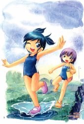 00s 2006 2girls bag blue_eyes blue_hair blue_one-piece_swimsuit blush breasts brown_eyes cloud collarbone dated february grass highres hoshino_fuuta lamp loli long_hair looking_at_viewer mary_janes mountain multiple_girls one-piece_swimsuit one_eye_closed open_mouth puddle purple_footwear purple_hair rain river sandals school_swimsuit shoes short_hair sky small_breasts smile socks splashing swimsuit teeth tree twintails water white_legwear wink