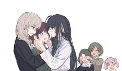 Rule 34 | 6+girls, @ @, ahoge, awa subaru, black hair, blonde hair, blue eyes, blush, closed eyes, covering another&#039;s eyes, ebizuka tomo, girls band cry, glasses, green hair, hands on another&#039;s face, highres, hina (girls band cry), iseri nina, kawaragi momoka, long hair, multiple girls, necktie, open mouth, pink hair, purple eyes, red-framed eyewear, red hair, rupa (girls band cry), school uniform, simple background, smile, togenashi togeari, twintails, white background, yun cao bing, yuri