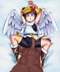 Rule 34 | 2boys, absurdres, angel, angel wings, blue eyes, dark-skinned male, dark skin, highres, interracial, kid icarus, minuspal, multiple boys, nintendo, pit (kid icarus), wings, yaoi
