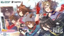 5girls absurdres ahoge animal_ears bare_shoulders beanie black_gloves black_hair black_jacket black_shirt blade_of_grass blue_eyes breasts brown_hair brown_thighhighs cleavage collared_shirt commentary company_name copyright_name copyright_notice cygames ear_ornament el_condor_pasa_(umamusume) english_commentary fingerless_gloves furrowed_brow gloves green_jacket hair_between_eyes hat highres horse horse_ears horse_girl jacket jewelry jockey leg_lift light_rays long_hair long_sleeves looking_ahead manhattan_cafe_(umamusume) medium_hair multicolored_hair multiple_girls nakayama_festa_(umamusume) necklace necktie official_art open_mouth paris ponytail purple_eyes racetrack red_eyes red_gloves red_jacket running second-party_source shirt sidelocks sirius_symboli_(umamusume) streaked_hair tap_dance_city_(umamusume) teeth thighhighs umamusume upper_teeth_only v-shaped_eyebrows wavy_hair white_hair wrist_cuffs yellow_eyes yellow_necktie yellow_shirt