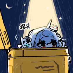 1girl ahoge blue_hair chibi chibi_only chinese_commentary chinese_text crescent_moon cui_pi_zha_xia_qiu girls&#039;_frontline girls&#039;_frontline_neural_cloud helix_(neural_cloud) moon official_art red_eyes second-party_source solo sparkle twintails