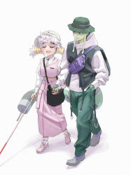 1boy 1girl aasen absurdres bag black_bag blind blush brown_bag cane chinese_commentary closed_eyes closed_mouth colored_skin commentary_request full_body green_hat green_pants green_skin grey_hat hat highres holding holding_cane hood hoodie hunter_x_hunter komugi_(hunter_x_hunter) long_sleeves meruem open_mouth pants shirt shoes shoulder_bag simple_background tail teeth thick_eyebrows upper_teeth_only walking white_background white_cane white_hair white_shirt