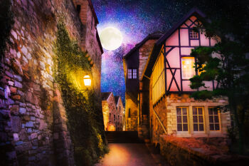 Rule 34 | absurdres, brick wall, building, chinese commentary, commentary request, full moon, highres, lantern, moon, night, night sky, no humans, original, outdoors, path, plant, realistic, road, scenery, sky, star (sky), starry sky, town, tree, vines, zaq (pgvc4472)