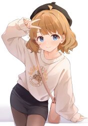 1girl absurdres ahoge b1ack_illust beret black_hat black_skirt blue_eyes brown_hair brown_pantyhose closed_mouth hat highres idolmaster idolmaster_million_live! long_sleeves looking_at_viewer pantyhose short_hair skirt smile solo suou_momoko sweater v white_sweater