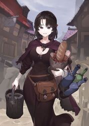 1girl 1other bag bandaged_wrist bandages blurry bottle bread breasts brown_hair bucket building cleavage cloak cobblestone commentary depth_of_field dress earrings food hair_ribbon helmet highres holding holding_bag holding_bucket holding_sheath hood hooded_cloak jewelry jun_(navigavi) linked_sausages looking_at_viewer medium_hair original outdoors ribbon scabbard sheath sign smile waist_bag water